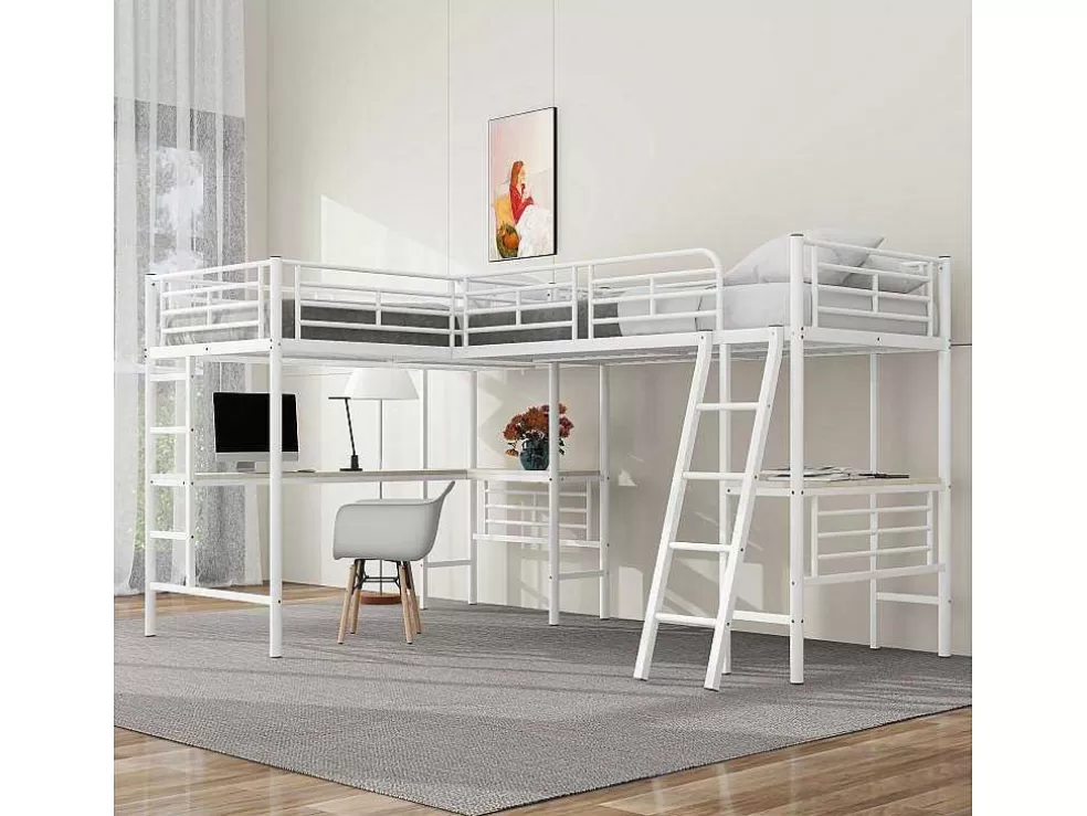 Sale 2-Zits Tussenbed - 2 X 90 X 200 Cm - Met Hoekbureau En Ladders - Metaal - Wit Kinderbed Hoogslaper