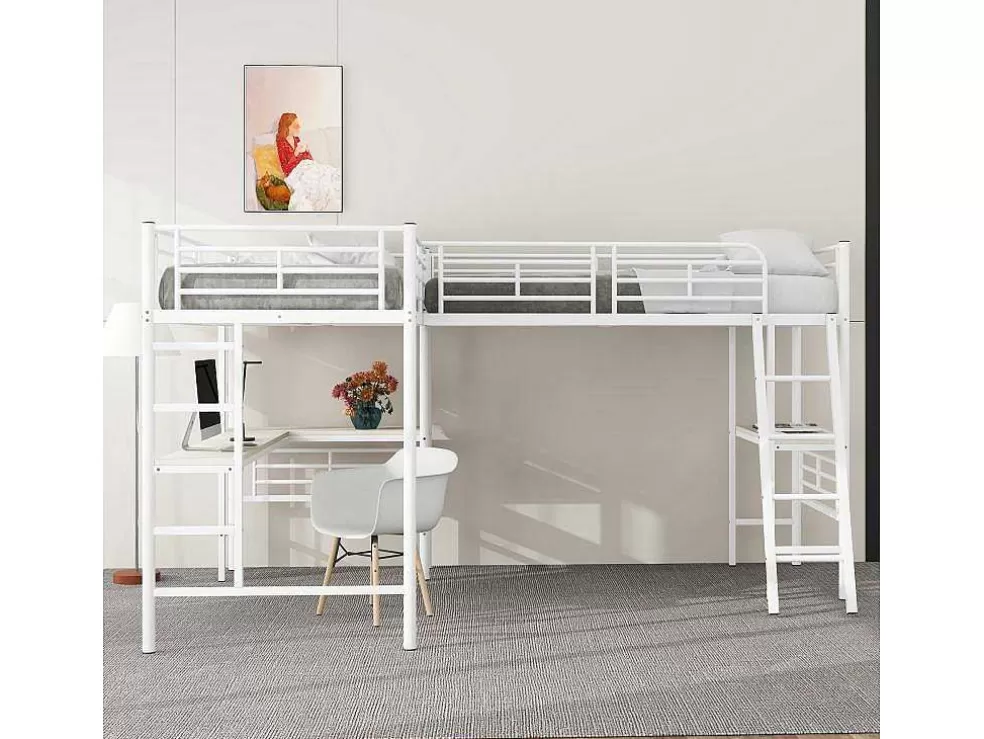 Sale 2-Zits Tussenbed - 2 X 90 X 200 Cm - Met Hoekbureau En Ladders - Metaal - Wit Kinderbed Hoogslaper