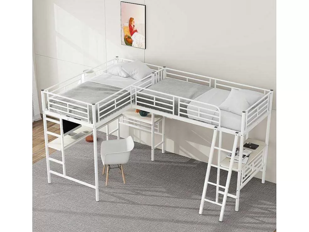 Sale 2-Zits Tussenbed - 2 X 90 X 200 Cm - Met Hoekbureau En Ladders - Metaal - Wit Kinderbed Hoogslaper
