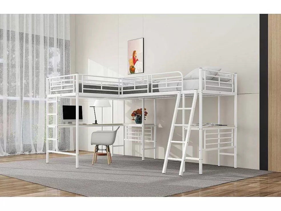 Sale 2-Zits Tussenbed - 2 X 90 X 200 Cm - Met Hoekbureau En Ladders - Metaal - Wit Kinderbed Hoogslaper