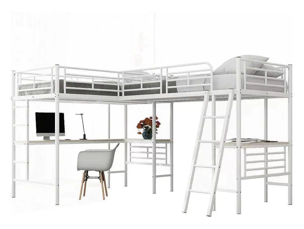 Sale 2-Zits Tussenbed - 2 X 90 X 200 Cm - Met Hoekbureau En Ladders - Metaal - Wit Kinderbed Hoogslaper