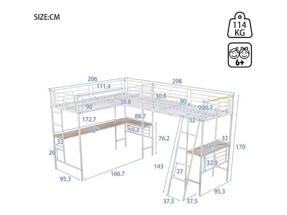 Sale 2-Zits Tussenbed - 2 X 90 X 200 Cm - Met Hoekbureau En Ladders - Metaal - Wit Kinderbed Hoogslaper