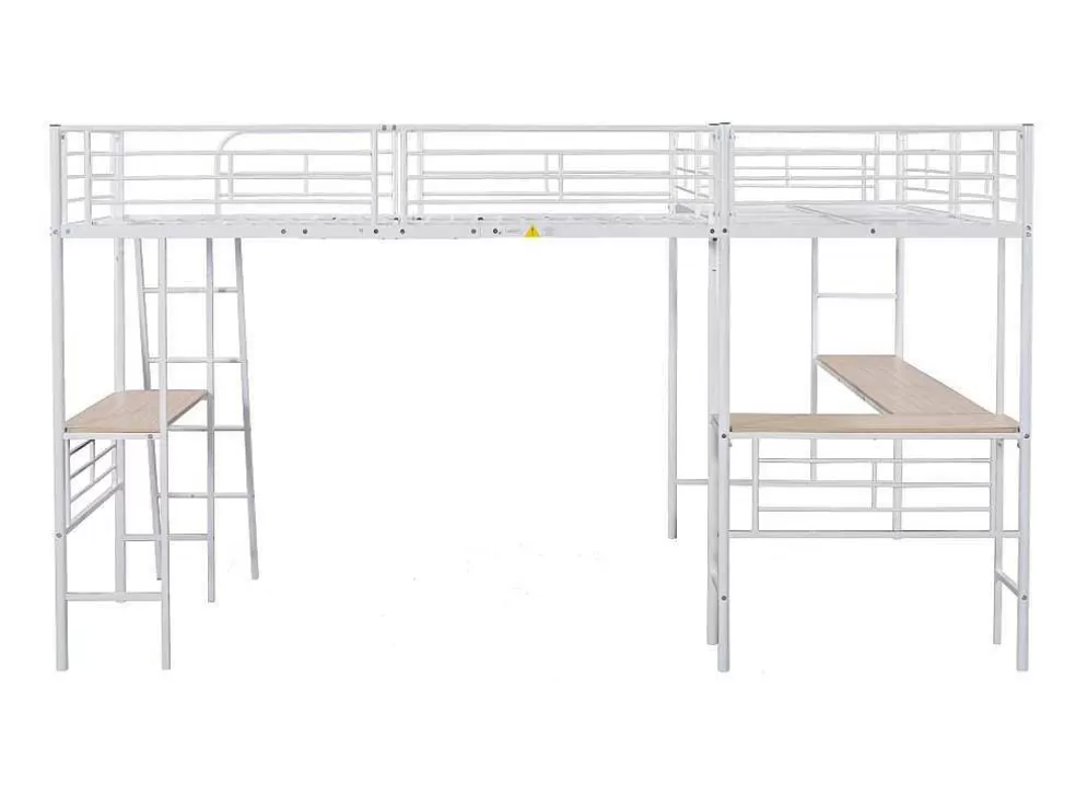 Sale 2-Zits Tussenbed - 2 X 90 X 200 Cm - Met Hoekbureau En Ladders - Metaal - Wit Kinderbed Hoogslaper