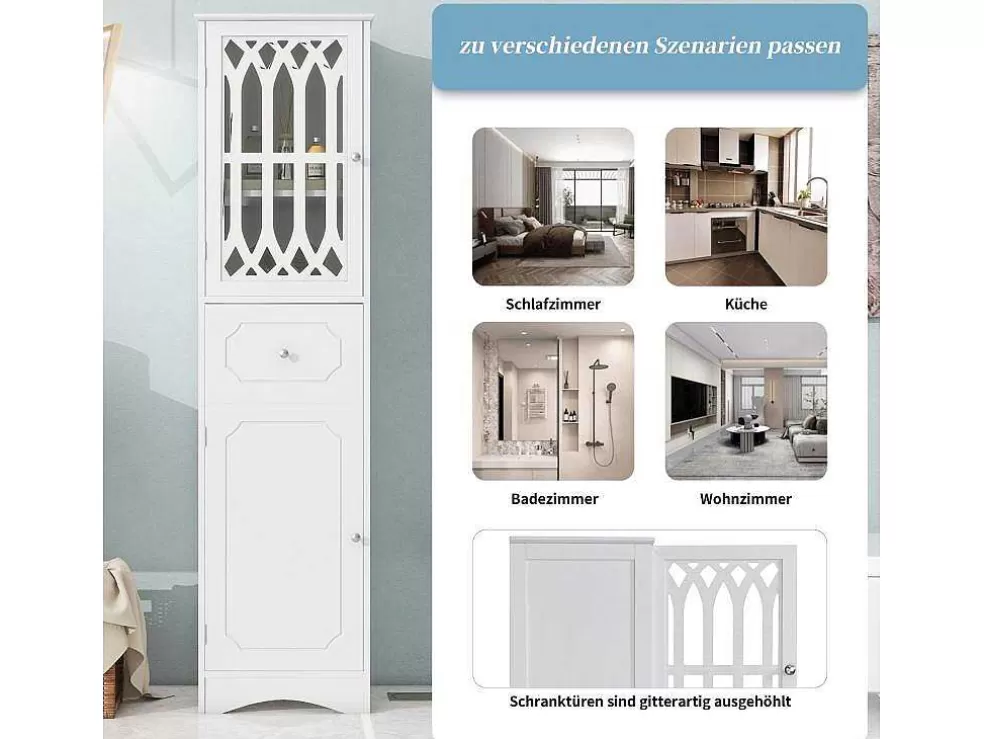 Outlet Badkamerzuil Met 2 Deuren En 1 Lade - Verstelbare Planken - Wit - 42 X 36 X 162,5 Cm Badkamerkast