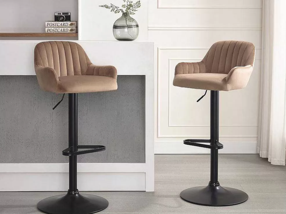 Discount Barkruk Van Velours En Zwart Metaal - Verstelbare Hoogte - Beige - Eleana Barkruk