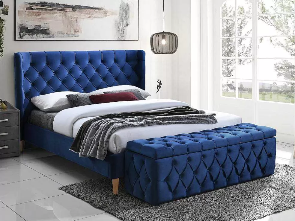 Outlet Bed 140 X 190 Cm Met Hoofdbord Met Capitonnage - Velours - Koningsblauw - Enodi Fluwelen Bed