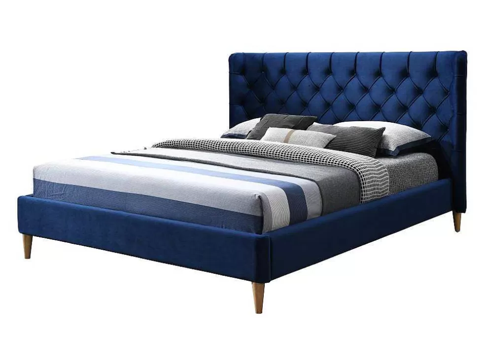 Outlet Bed 140 X 190 Cm Met Hoofdbord Met Capitonnage - Velours - Koningsblauw - Enodi Fluwelen Bed