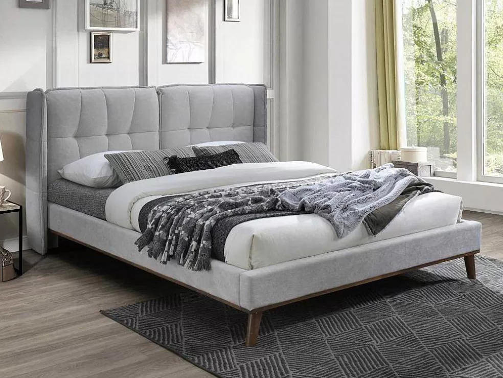 New Bed 140 X 200 Cm Met Hoofdbord Met Capitons - Linnen - Lichtgrijs - Kerano Tweepersoonsbed