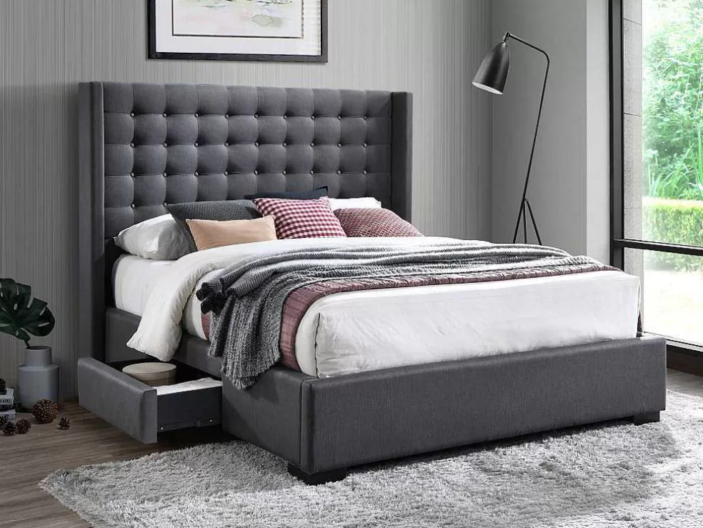 Online Bed Gewatteerd Hoofdbord - Met Laden - 160 X 200 Cm - Stof Grijs - Leonce Tweepersoonsbed