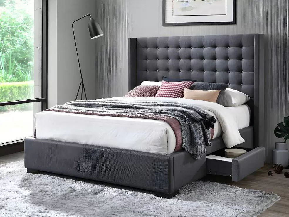 Online Bed Gewatteerd Hoofdbord - Met Laden - 160 X 200 Cm - Stof Grijs - Leonce Tweepersoonsbed