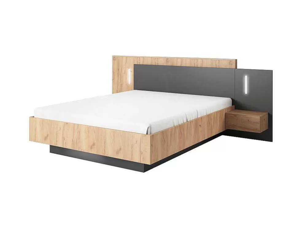 Online Bed Met Nachtkastjes 160 X 200 Cm - 2 Laden - Met Led'S - Kleur : Naturel En Antraciet - Francoli Tweepersoonsbed