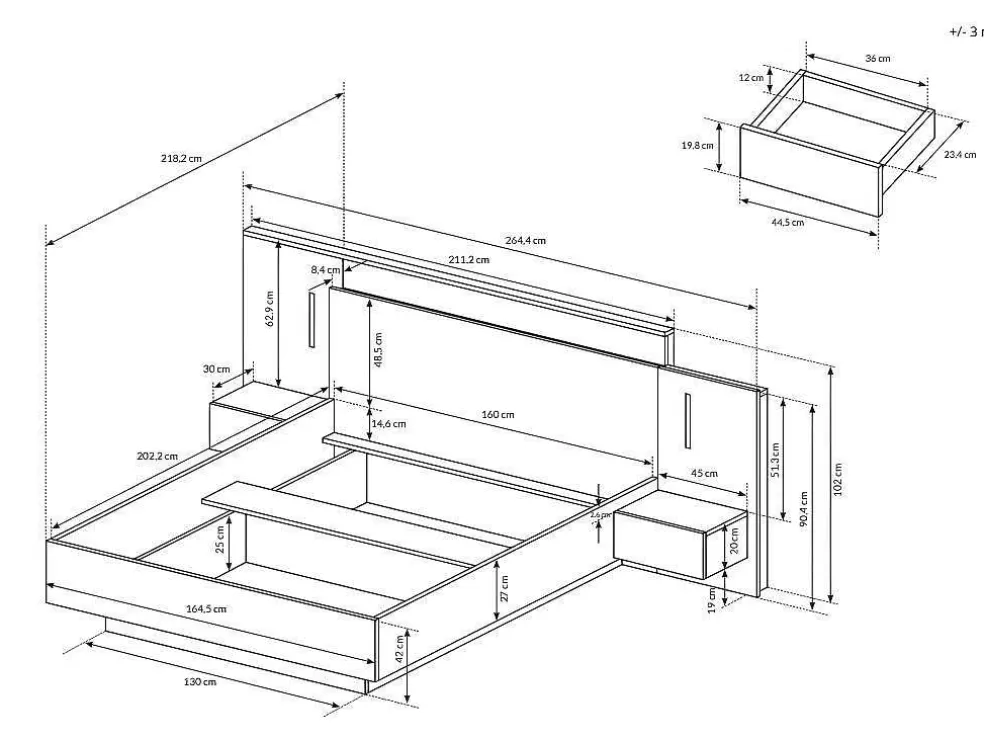 Online Bed Met Nachtkastjes 160 X 200 Cm - 2 Laden - Met Led'S - Kleur : Naturel En Antraciet - Francoli Tweepersoonsbed