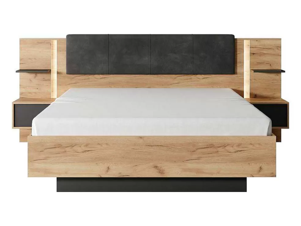 Sale Bed Met Nachtkastjes 160 X 200 Cm - Met Ledverlichting - Kleur: Naturel En Antraciet - Elynia Aanbiedingen: Slaapkamer & Kantoor