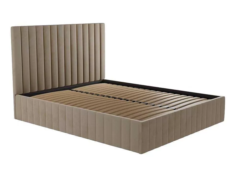 New Bed Met Opbergruimte 180 X 200 Cm Met Hoofdbord Met Verticale Stiksels - Velours - Taupegrijs + Matras - Larali Fluwelen Bed