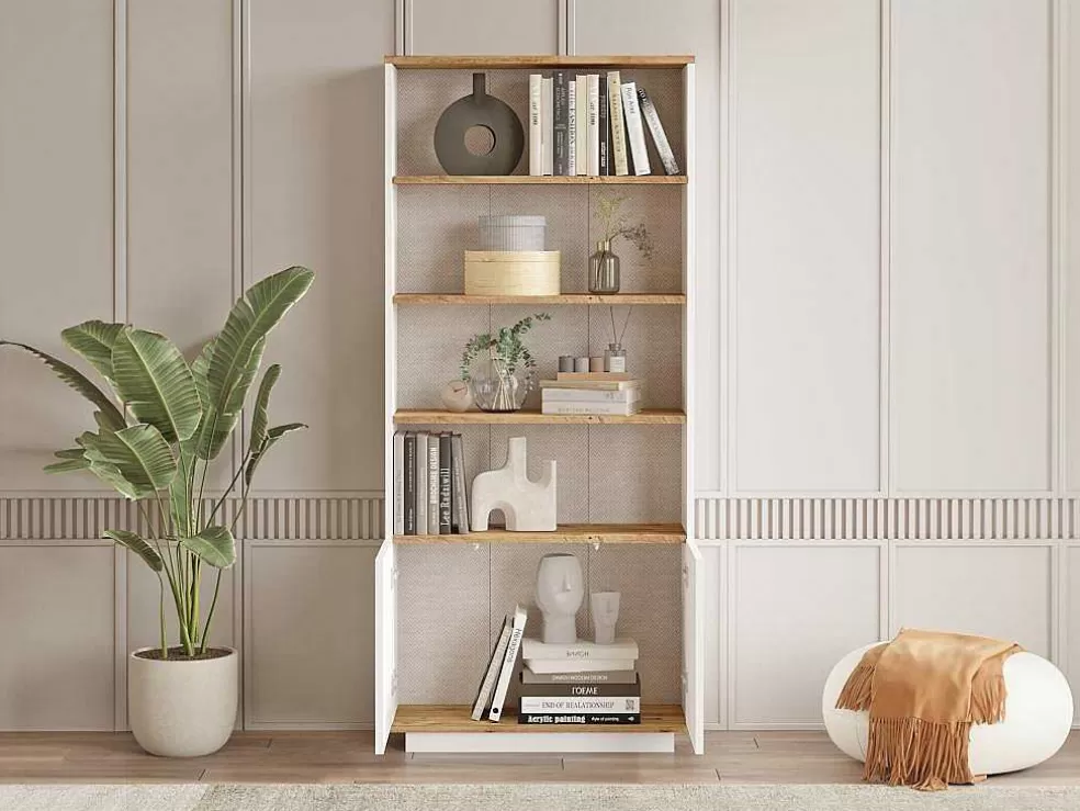 Sale Boekenkast Met 2 Deuren En 4 Nissen - Licht Naturel En Wit - Lotula Boekenkast & Vitrine