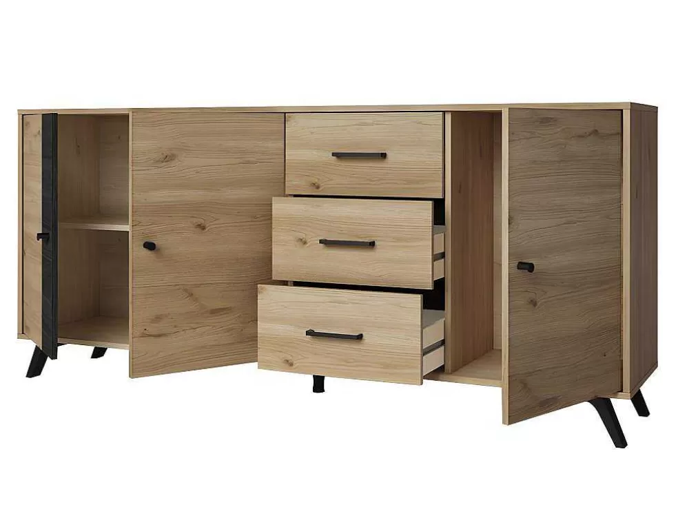 Online Buffetkast Portland - 3 Laden En 3 Deuren - Kleur: Eiken En Zwart Buffetkast