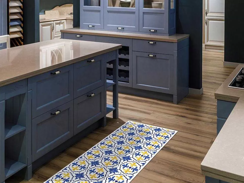 Discount Gangtapijt Van Vinyl Met Cementtegeleffect - 66 X 160 Cm - Blauw En Geel - Florili Gangtapijt