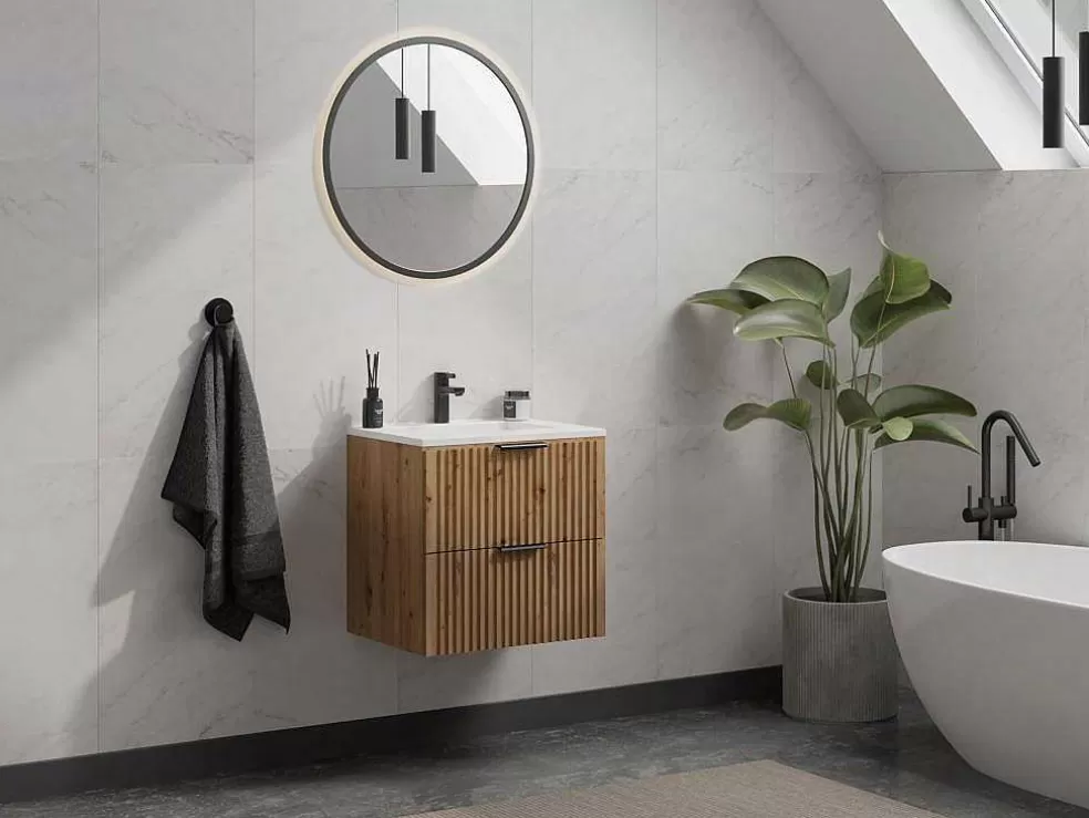 Hot Gestreept Hangend Meubel Onder Wastafel - Licht Naturel - L60 Cm - Zevara Wastafelmeubel