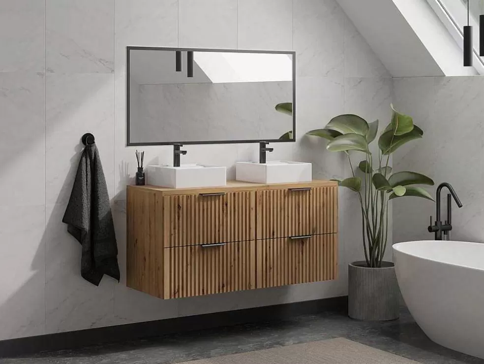 Online Gestreept Hangend Meubel Onder Wastafel Met Plank - Licht Naturel - L120 Cm - Zevara Wastafelmeubel