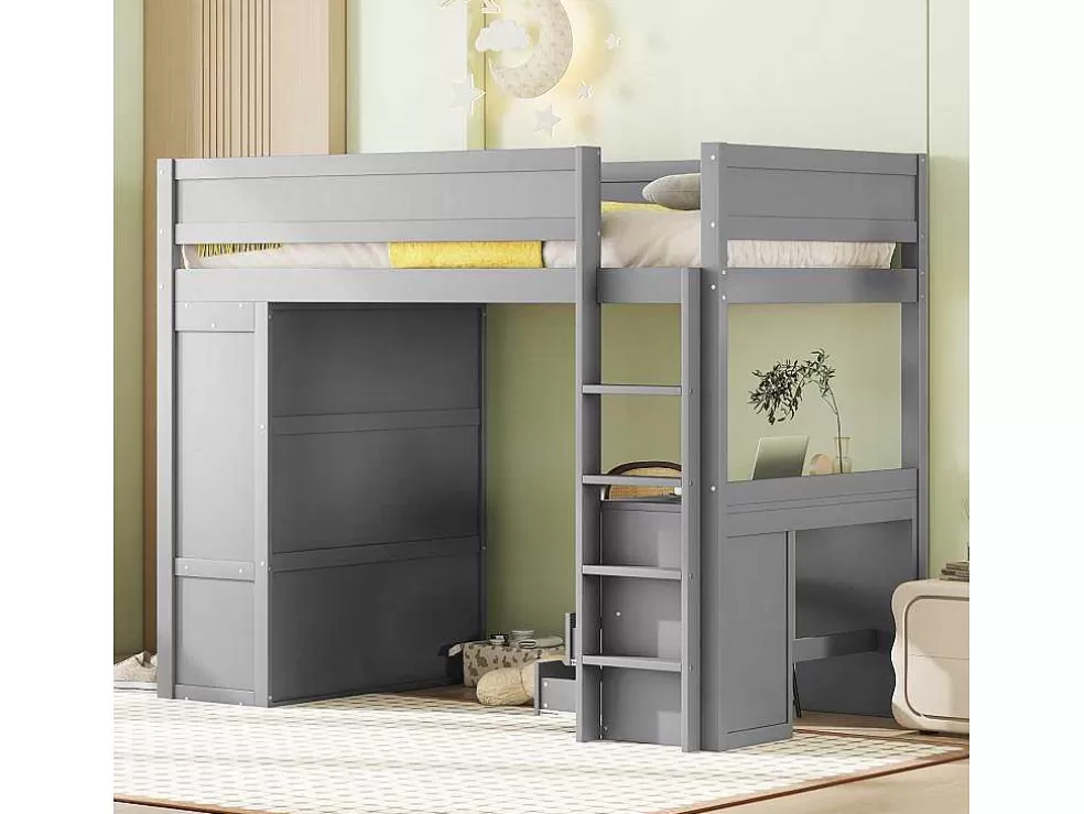 Online Hoogslaper 90 X 200 Cm Met Bureau + 2 Laden - Kledingkast Met Schuifdeur - Mdf Hout - Grijs Kinderbed Hoogslaper