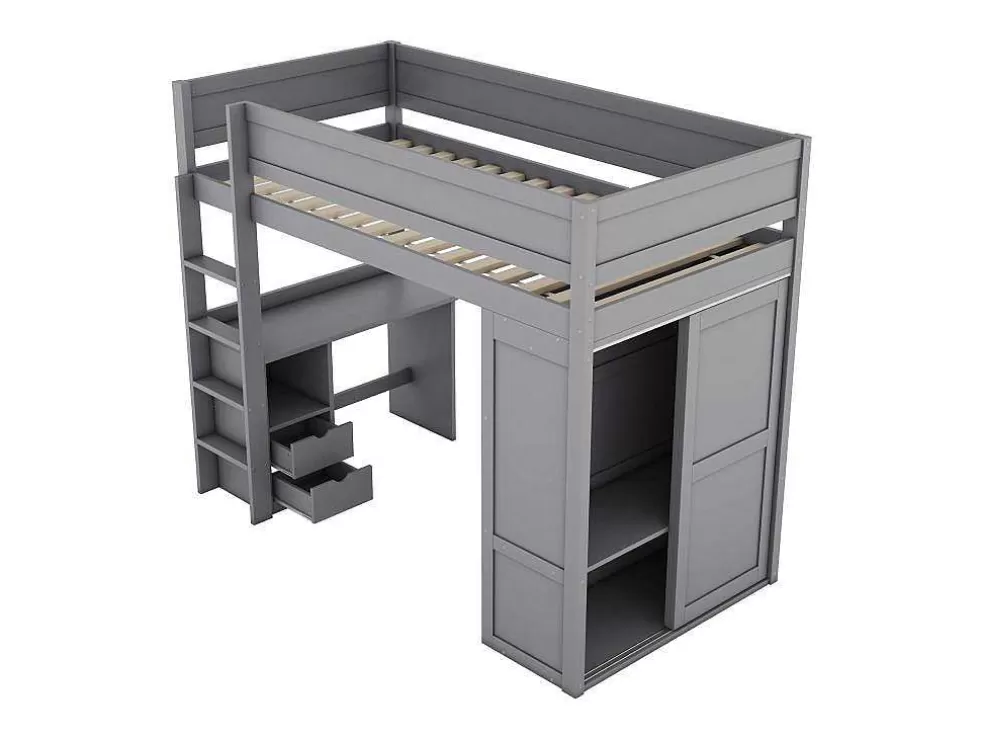 Online Hoogslaper 90 X 200 Cm Met Bureau + 2 Laden - Kledingkast Met Schuifdeur - Mdf Hout - Grijs Kinderbed Hoogslaper