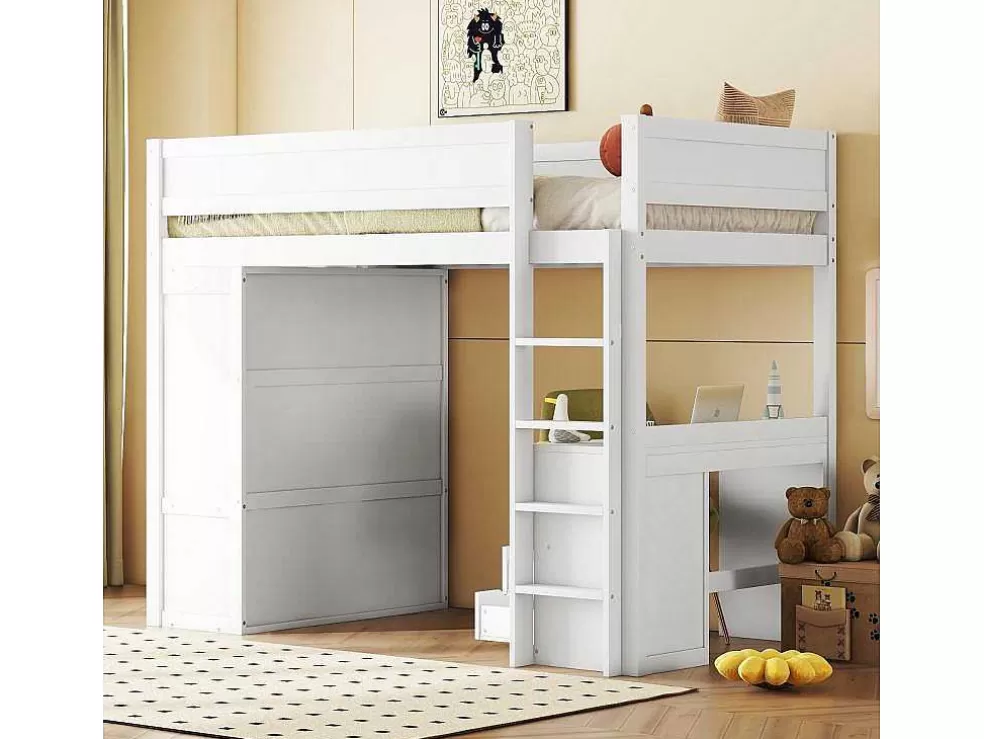 Clearance Hoogslaper 90 X 200 Cm Met Bureau + 2 Laden - Kledingkast Met Schuifdeur - Mdf Hout - Wit Kinderbed
