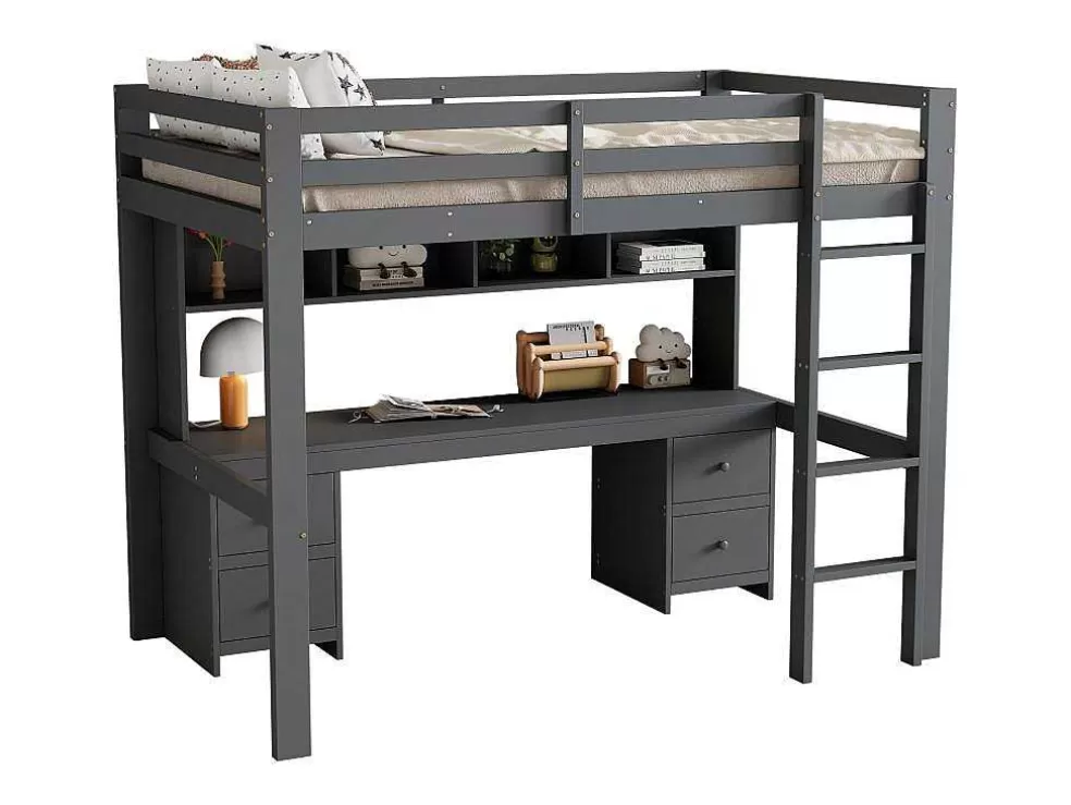 Outlet Hoogslaper 90 X 200 Cm Met Bureau, Boekenkast, Lades En Ladder, Mdf Hout, Grijs Kinderbed Hoogslaper
