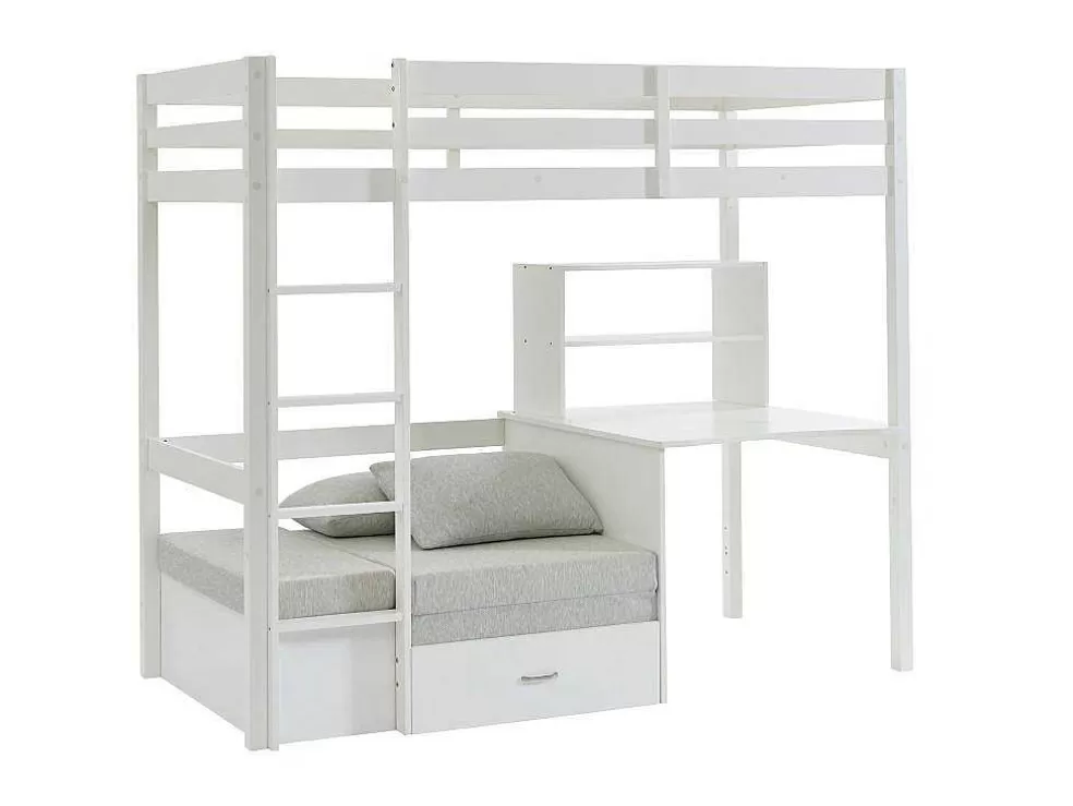 Outlet Hoogslaper 90 X 200 Cm Met Bureau, Slaapbank En Opbergruimte - Massief Grenen - Gebleekt + Matras - Goliath Iii Kinderbed