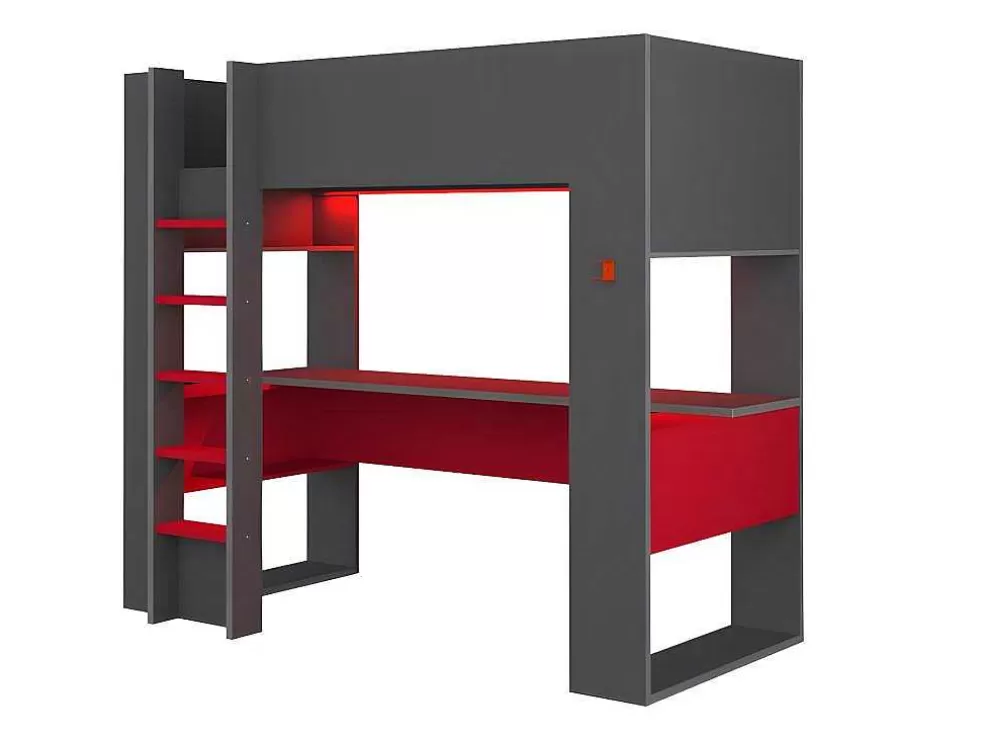 Online Hoogslaper Gamer Noah Met Bureau En Opbergruimtes - 90 X 200 Cm - Met Led'S - Antraciet En Rood + Matras Kinderbed Hoogslaper