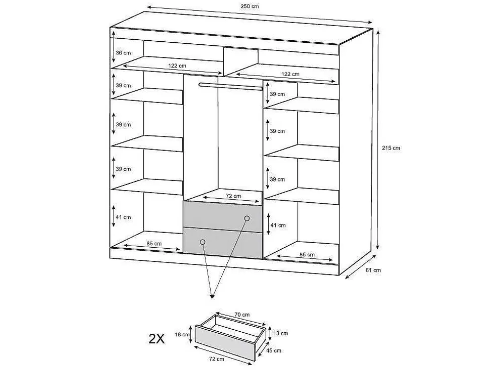 New Kast Met 3 Schuifdeuren - Met Spiegel - L. 250 Cm - Kleur: Wit - Autlan Kledingkast