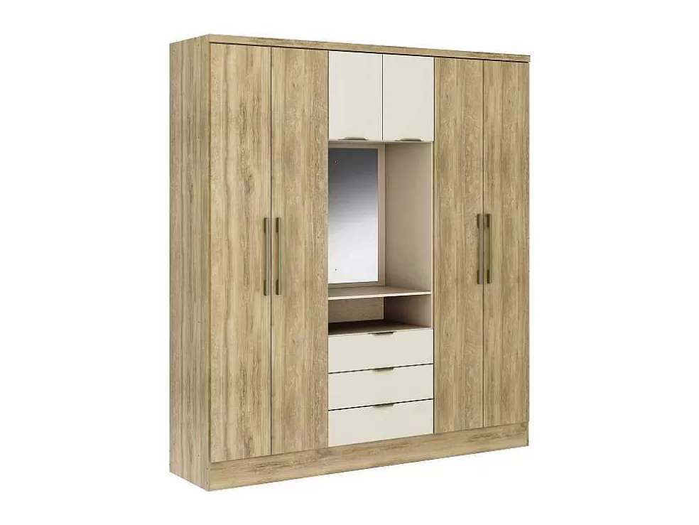 Online Kast Met 6 Deuren En 3 Lades - Met Spiegel - L180 Cm - Kleur: Naturel En Beige - Elorio Kledingkast