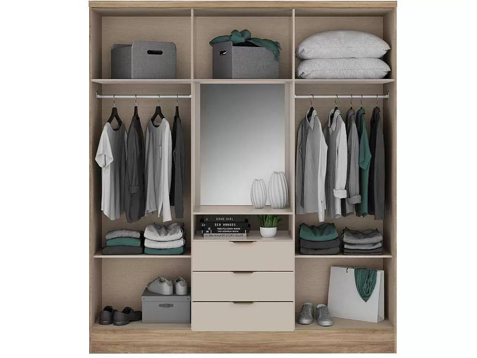 Online Kast Met 6 Deuren En 3 Lades - Met Spiegel - L180 Cm - Kleur: Naturel En Beige - Elorio Kledingkast