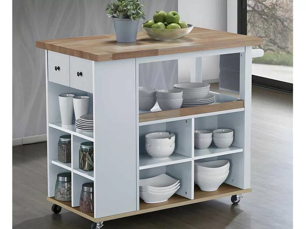 Outlet Keukentrolley Hannae - 2 Laden En 1 Plank - Hevea - Wit & Eiken Keukenmeubel