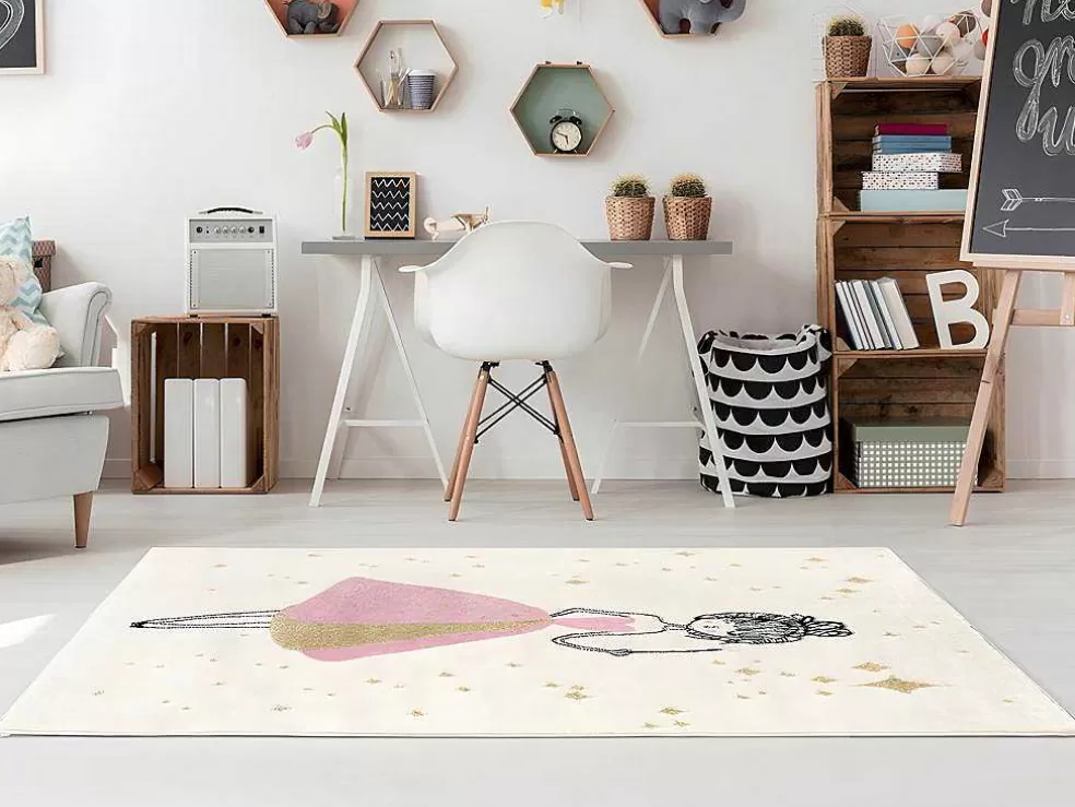 Online Kindertapijt Met Feeenmotief Ariel - Afwerking In Goudkleurige Lurexdraad - 120 X 170 Cm - Ecru En Roze Kindervloerkleed