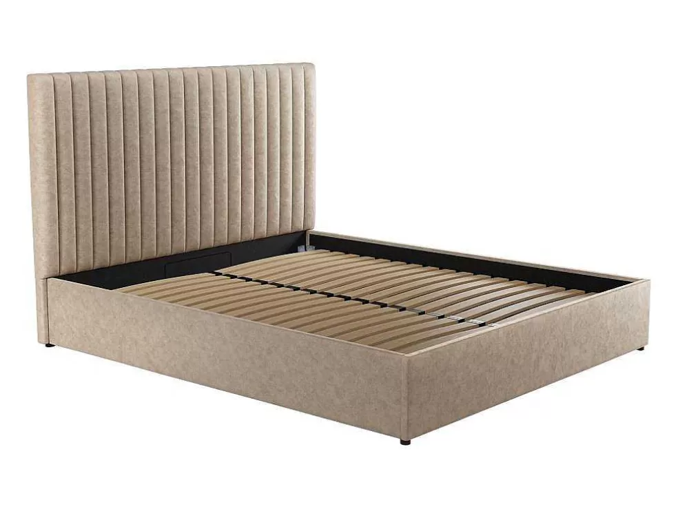 New Kofferbed En Hoofdeinde Met Verticale Stiksels - 180 X 200 Cm - Stof - Beige - Sarah Tweepersoonsbed