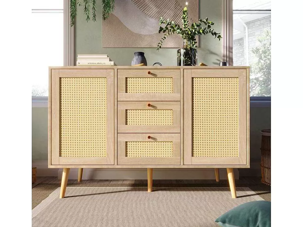 Online Ladekast 120 X 82 X 40 Cm Met 2 Deuren En 3 Laden In Rotan En Sonoma Eiken, Verstelbare Plank, Beige Ladekast