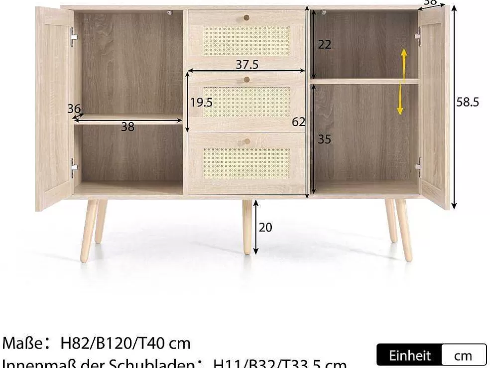 Online Ladekast 120 X 82 X 40 Cm Met 2 Deuren En 3 Laden In Rotan En Sonoma Eiken, Verstelbare Plank, Beige Ladekast