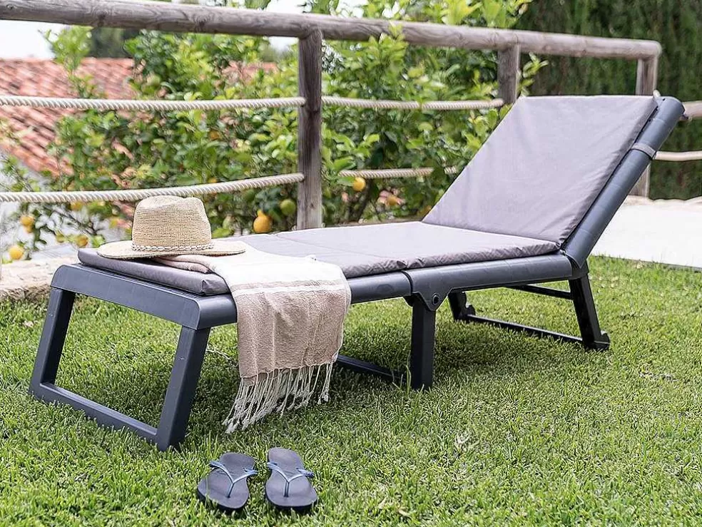 Flash Sale Ligstoel Met Gevlochten Effect Canberra - Met Matras - Grijs En Wit Ligstoel