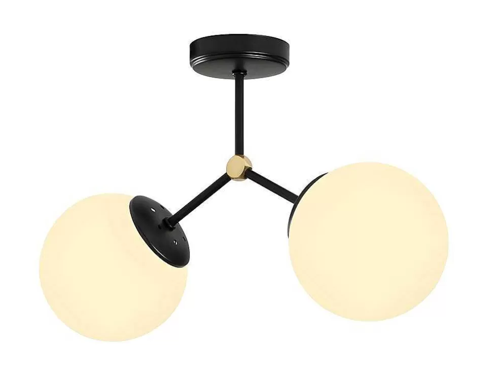 New Metalen Plafondlamp Met 2 Bollen Damar - L. 44 X H. 28 Cm - Zwart En Goudkleurig Plafondlamp