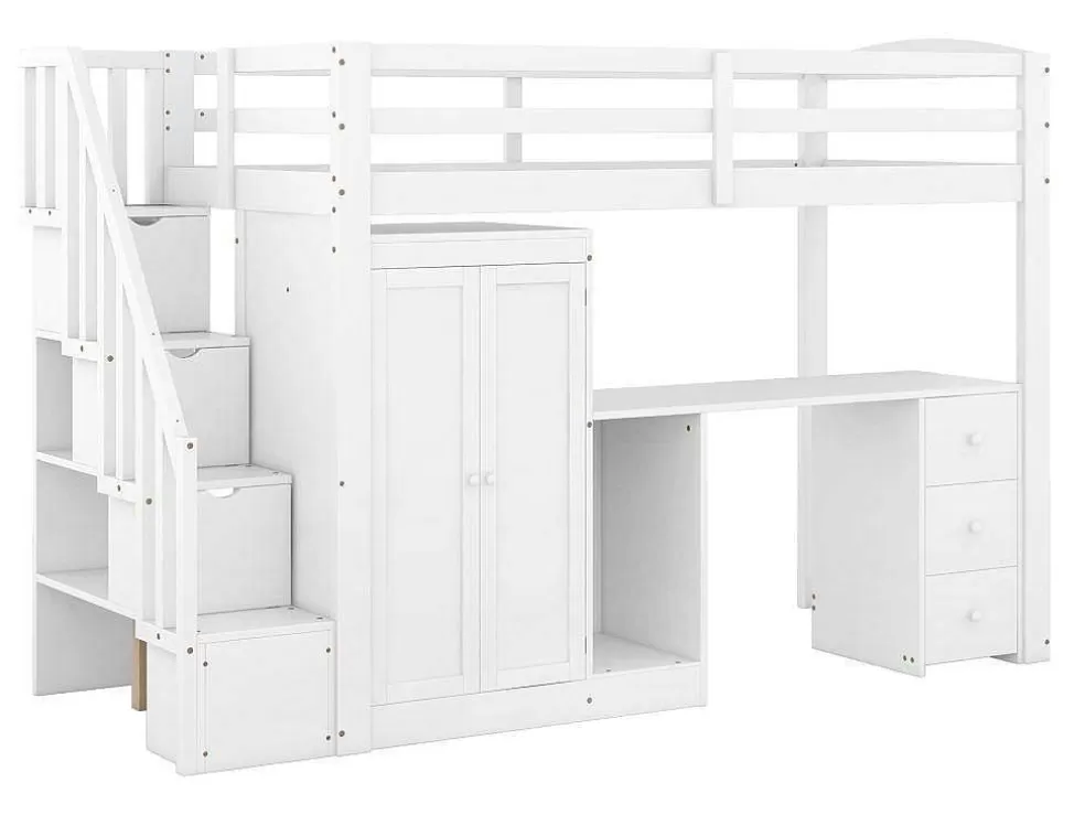 Cheap Mezzaninebed 90 X 200 Met Kledingkast En Trap, Bureau En Lades - Grenen + Mdf - Wit Kinderbed Hoogslaper
