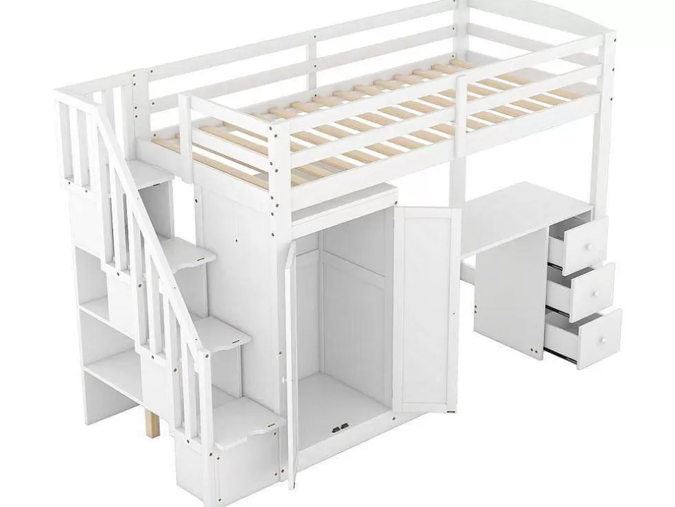 Cheap Mezzaninebed 90 X 200 Met Kledingkast En Trap, Bureau En Lades - Grenen + Mdf - Wit Kinderbed Hoogslaper