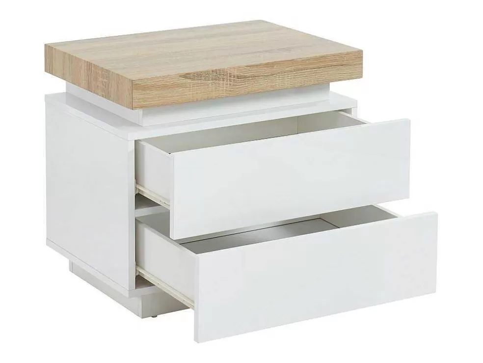 Hot Nachtkastje - 2 Lades - Gelakt Mdf - Met Ledverlichting - Kleur: Wit En Eiken - Halo Ii Nachtkastje