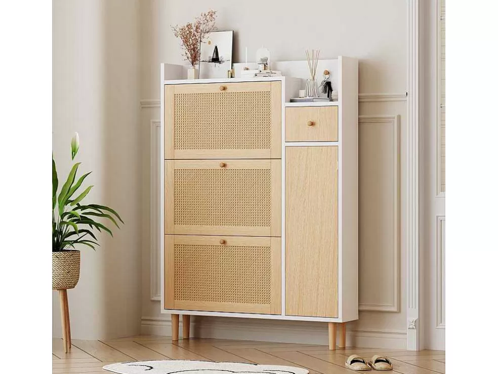 New Schoenenkast Met 3 Klepdeuren En 1 Lade Afmeting 90L X 17B X 125H Cm Houtlook Rotan Rieteffect Kleur Wit + Eiken Schoenenkast