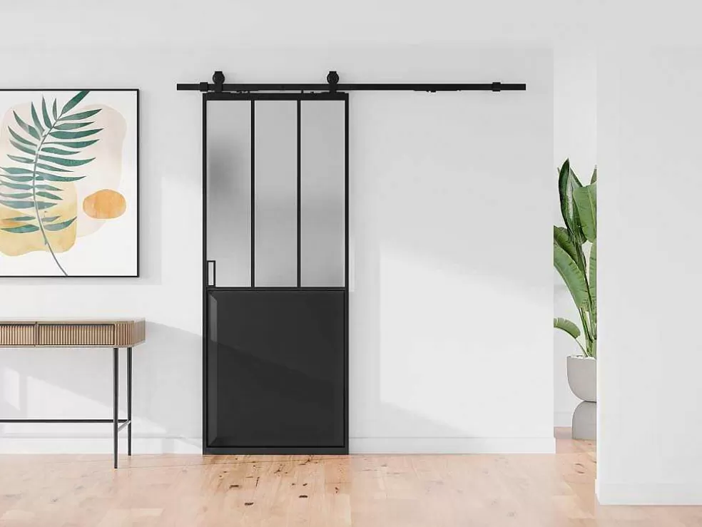 Online Schuifdeur Werkplaatsstijl Met Rails - Zwart En Mat Gehard Glas - H205 Cm X L73 Cm - Artisto Ii Schuifdeur