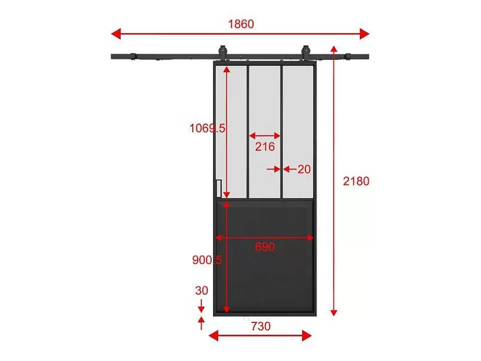 Online Schuifdeur Werkplaatsstijl Met Rails - Zwart En Mat Gehard Glas - H205 Cm X L73 Cm - Artisto Ii Schuifdeur
