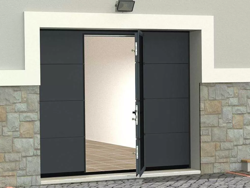 Flash Sale Sectionale Garagedeur Met Glad Effect En Centrale Loopdeur In Antraciet Met Motor - Lavega Garagedeur