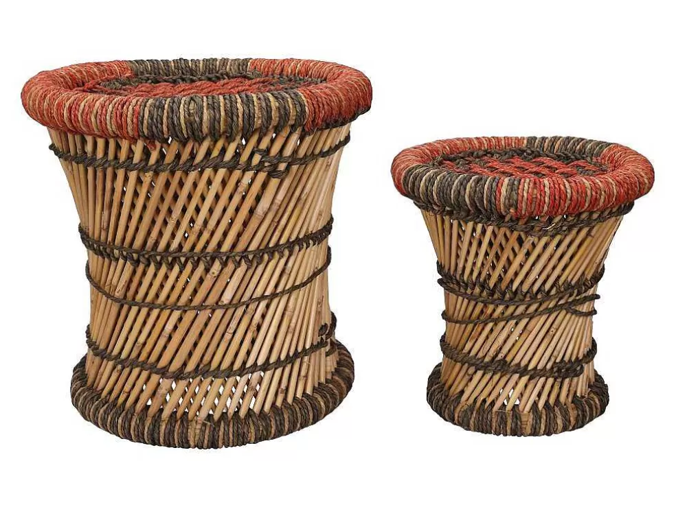 Flash Sale Set Van 2 Ronde Poefs Van Licht Naturelkleurig En Rood Rotan Mirtaka Poef
