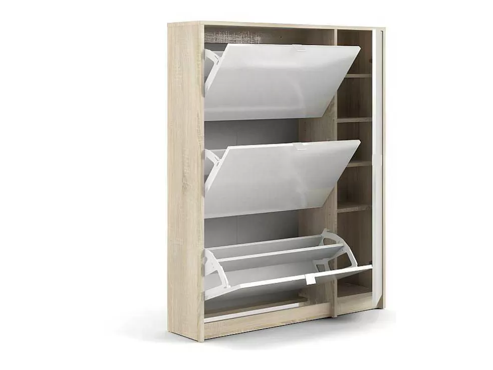 Hot Shane Schoenenkast 3 Klapdeuren 2R, 1 Deur Eikenstructuur Decor, Wit Hoogglans. Schoenenkast