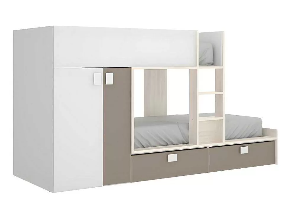 Outlet Stapelbed Juanito Met Ingebouwde Kast En Opbergruimte - 2X90X190Cm - Wit, Eiken En Taupe Kinderbed