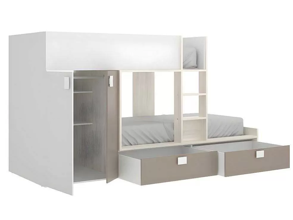 Outlet Stapelbed Juanito Met Ingebouwde Kast En Opbergruimte - 2X90X190Cm - Wit, Eiken En Taupe Kinderbed